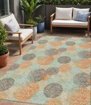 5' X 8' Beige Aqua And Orange Polka Dot Washable Indoor Outdoor Area Rug