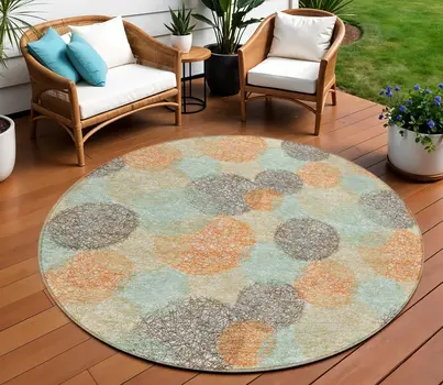 8' Beige Aqua And Orange Round Polka Dot Washable Indoor Outdoor Area Rug