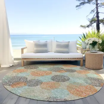 8' Beige Aqua And Orange Round Polka Dot Washable Indoor Outdoor Area Rug
