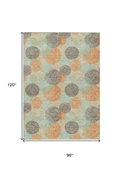 8' X 10' Beige Aqua And Orange Polka Dot Washable Indoor Outdoor Area Rug