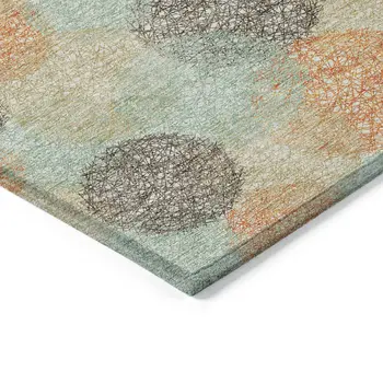 8' X 10' Beige Aqua And Orange Polka Dot Washable Indoor Outdoor Area Rug