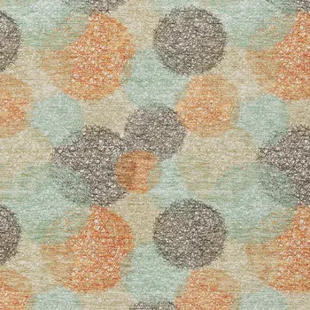 8' X 10' Beige Aqua And Orange Polka Dot Washable Indoor Outdoor Area Rug