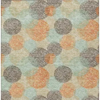 9' X 12' Beige Aqua And Orange Polka Dot Washable Indoor Outdoor Area Rug