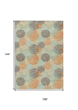 9' X 12' Beige Aqua And Orange Polka Dot Washable Indoor Outdoor Area Rug