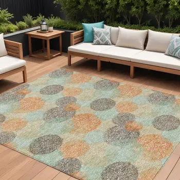 9' X 12' Beige Aqua And Orange Polka Dot Washable Indoor Outdoor Area Rug