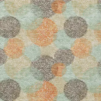 9' X 12' Beige Aqua And Orange Polka Dot Washable Indoor Outdoor Area Rug