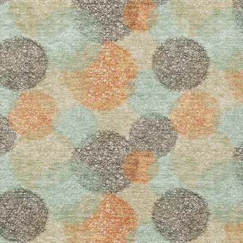 10' X 14' Beige Aqua And Orange Polka Dot Washable Indoor Outdoor Area Rug