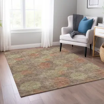 5' X 8' Brown Taupe And Sage Polka Dot Washable Indoor Outdoor Area Rug