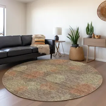 8' Brown Taupe And Sage Round Polka Dot Washable Indoor Outdoor Area Rug