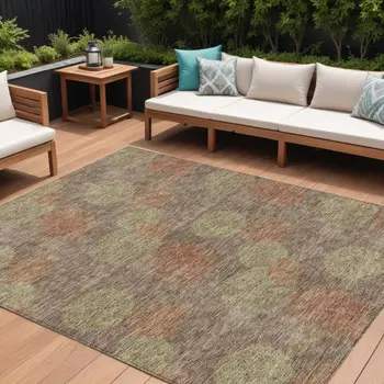 8' X 10' Brown Taupe And Sage Polka Dot Washable Indoor Outdoor Area Rug