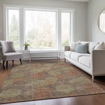 10' X 14' Brown Taupe And Sage Polka Dot Washable Indoor Outdoor Area Rug