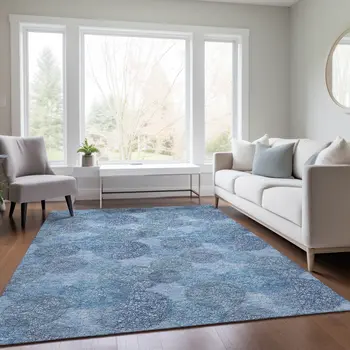 3' X 5' Denim Blue Navy Blue And Ivory Polka Dot Washable Indoor Outdoor Area Rug