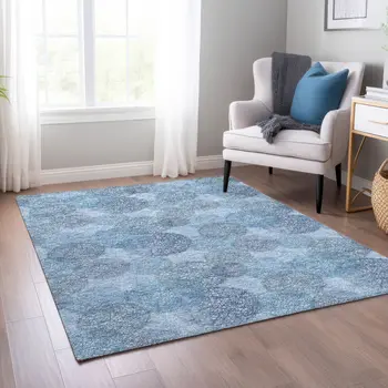 3' X 5' Denim Blue Navy Blue And Ivory Polka Dot Washable Indoor Outdoor Area Rug