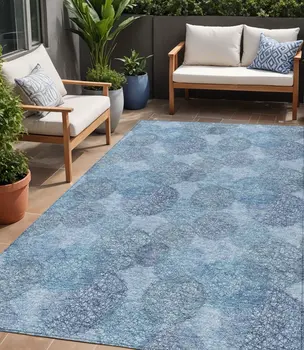 5' X 8' Denim Blue Navy Blue And Ivory Polka Dot Washable Indoor Outdoor Area Rug