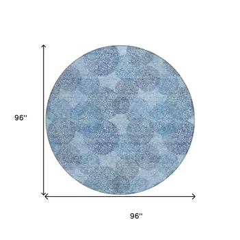 8' Denim Blue Navy Blue And Ivory Round Polka Dot Washable Indoor Outdoor Area Rug