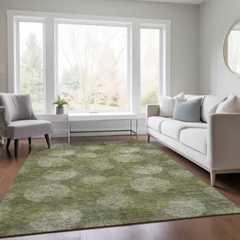 3' X 5' Green Ivory And Sage Polka Dot Washable Indoor Outdoor Area Rug