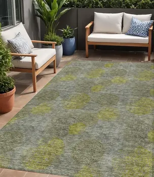 5' X 8' Gray Lime Green And Silver Polka Dot Washable Indoor Outdoor Area Rug
