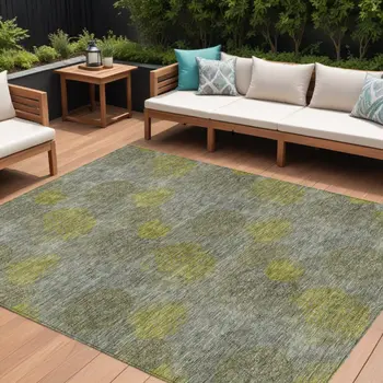 8' X 10' Gray Lime Green And Silver Polka Dot Washable Indoor Outdoor Area Rug