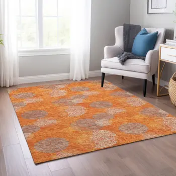 3' X 5' Orange Silver And Peach Polka Dot Washable Indoor Outdoor Area Rug
