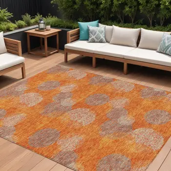 9' X 12' Orange Silver And Peach Polka Dot Washable Indoor Outdoor Area Rug
