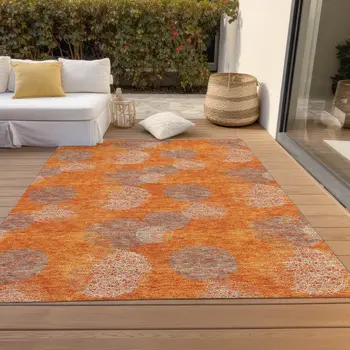 10' X 14' Orange Silver And Peach Polka Dot Washable Indoor Outdoor Area Rug