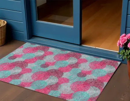 3' X 5' Pink Teal Blue And Burgundy Polka Dot Washable Indoor Outdoor Area Rug