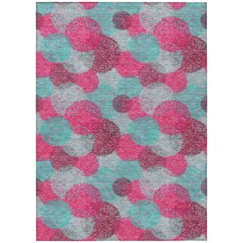 5' X 8' Pink Teal Blue And Burgundy Polka Dot Washable Indoor Outdoor Area Rug