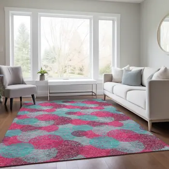 5' X 8' Pink Teal Blue And Burgundy Polka Dot Washable Indoor Outdoor Area Rug