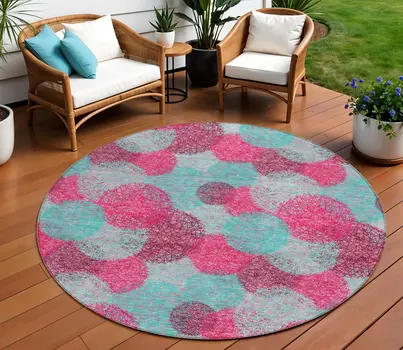 8' Pink Teal Blue And Burgundy Round Polka Dot Washable Indoor Outdoor Area Rug