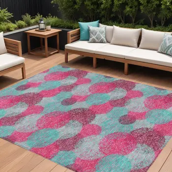 10' X 14' Pink Teal Blue And Burgundy Polka Dot Washable Indoor Outdoor Area Rug