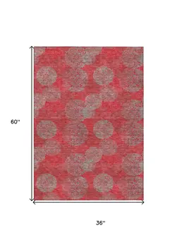 3' X 5' Red Gray And Silver Polka Dot Washable Indoor Outdoor Area Rug