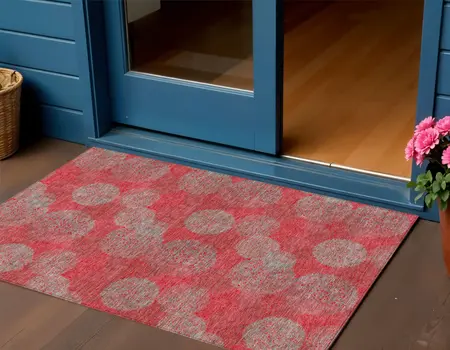 3' X 5' Red Gray And Silver Polka Dot Washable Indoor Outdoor Area Rug