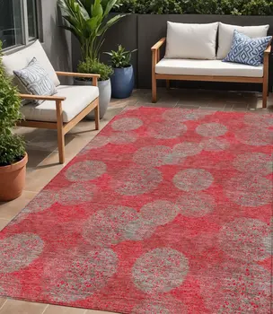 5' X 8' Red Gray And Silver Polka Dot Washable Indoor Outdoor Area Rug