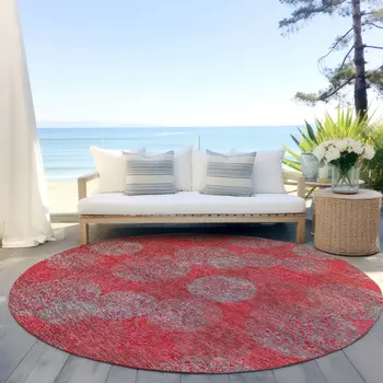 8' Red Gray And Silver Round Polka Dot Washable Indoor Outdoor Area Rug