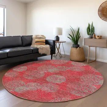 8' Red Gray And Silver Round Polka Dot Washable Indoor Outdoor Area Rug