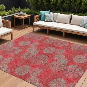 8' X 10' Red Gray And Silver Polka Dot Washable Indoor Outdoor Area Rug