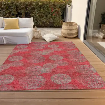 8' X 10' Red Gray And Silver Polka Dot Washable Indoor Outdoor Area Rug