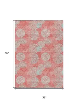 3' X 5' Salmon Ivory And Sky Blue Polka Dot Washable Indoor Outdoor Area Rug