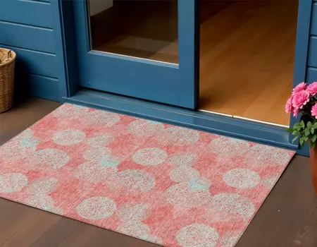 3' X 5' Salmon Ivory And Sky Blue Polka Dot Washable Indoor Outdoor Area Rug