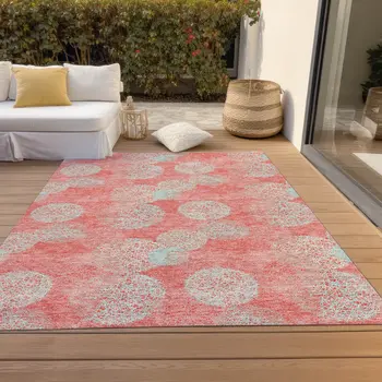 3' X 5' Salmon Ivory And Sky Blue Polka Dot Washable Indoor Outdoor Area Rug
