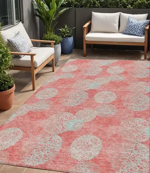 5' X 8' Salmon Ivory And Sky Blue Polka Dot Washable Indoor Outdoor Area Rug