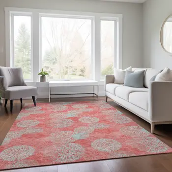 5' X 8' Salmon Ivory And Sky Blue Polka Dot Washable Indoor Outdoor Area Rug