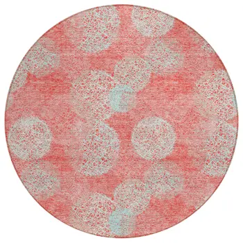 8' Salmon Ivory And Sky Blue Round Polka Dot Washable Indoor Outdoor Area Rug