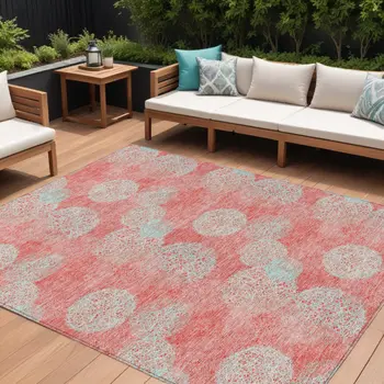 8' X 10' Salmon Ivory And Sky Blue Polka Dot Washable Indoor Outdoor Area Rug