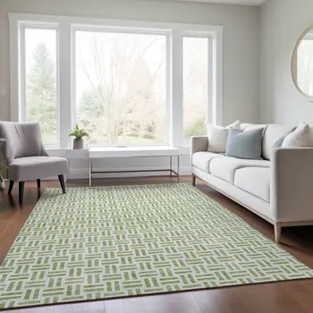8' X 10' Sage And Ivory Geometric Washable Indoor Outdoor Area Rug