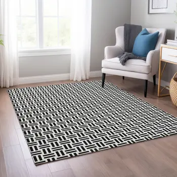 3' X 5' Black And Ivory Geometric Washable Indoor Outdoor Area Rug