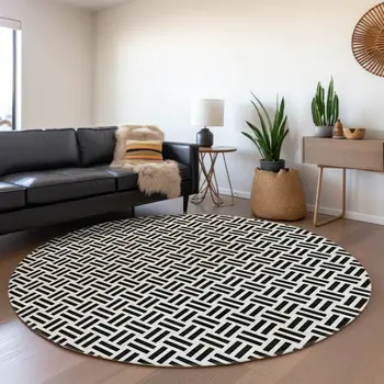 8' Black And Ivory Round Geometric Washable Indoor Outdoor Area Rug