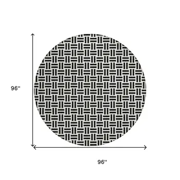 8' Black And Ivory Round Geometric Washable Indoor Outdoor Area Rug