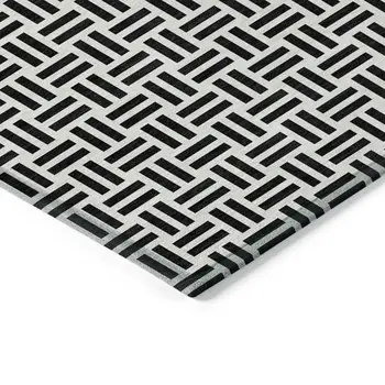 9' X 12' Black And Ivory Geometric Washable Indoor Outdoor Area Rug