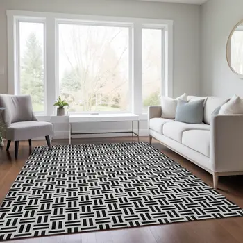 9' X 12' Black And Ivory Geometric Washable Indoor Outdoor Area Rug